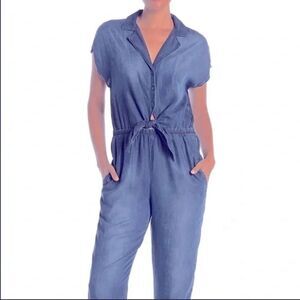 Cloth And Stone Tie Front Straight Leg Jumpsuit In Blue Size L